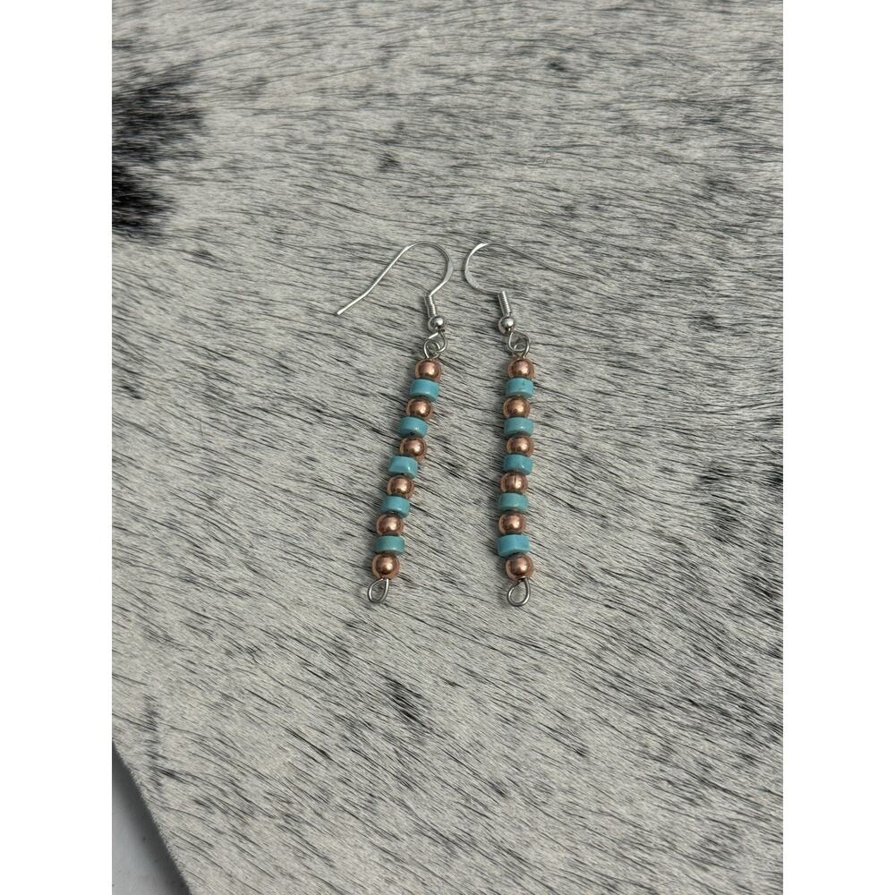 Native American Copper Navajo Pearl Blue Turquoise HEISHI Earrings Sterling Hook - Picture 2 of 6